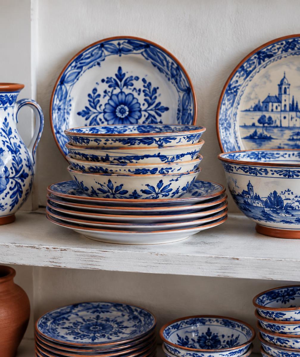 Louça pintada à mão em azul e branco numa prateleira